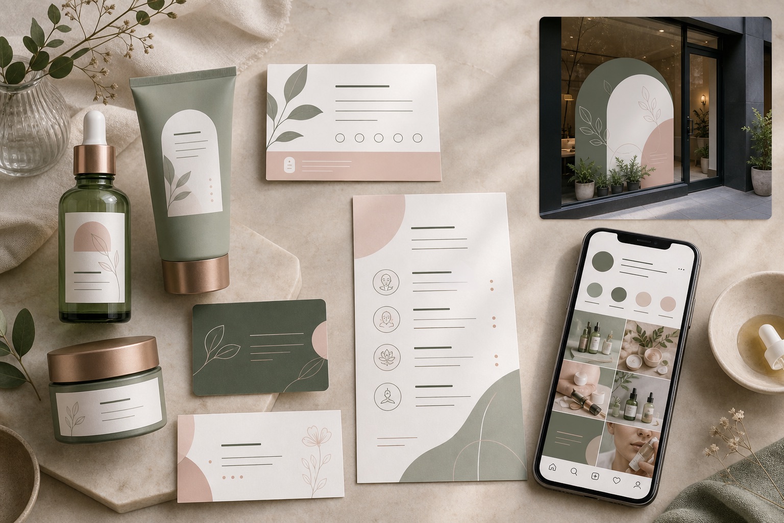 Skincare studio brand refresh and collateral mockups
