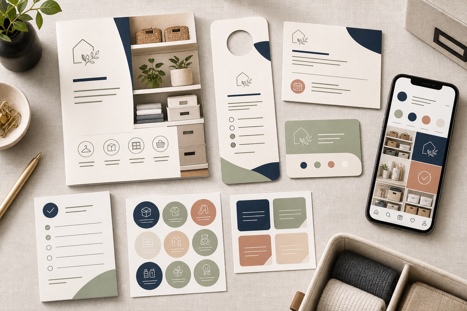 Home organizing service brand collateral and social campaign