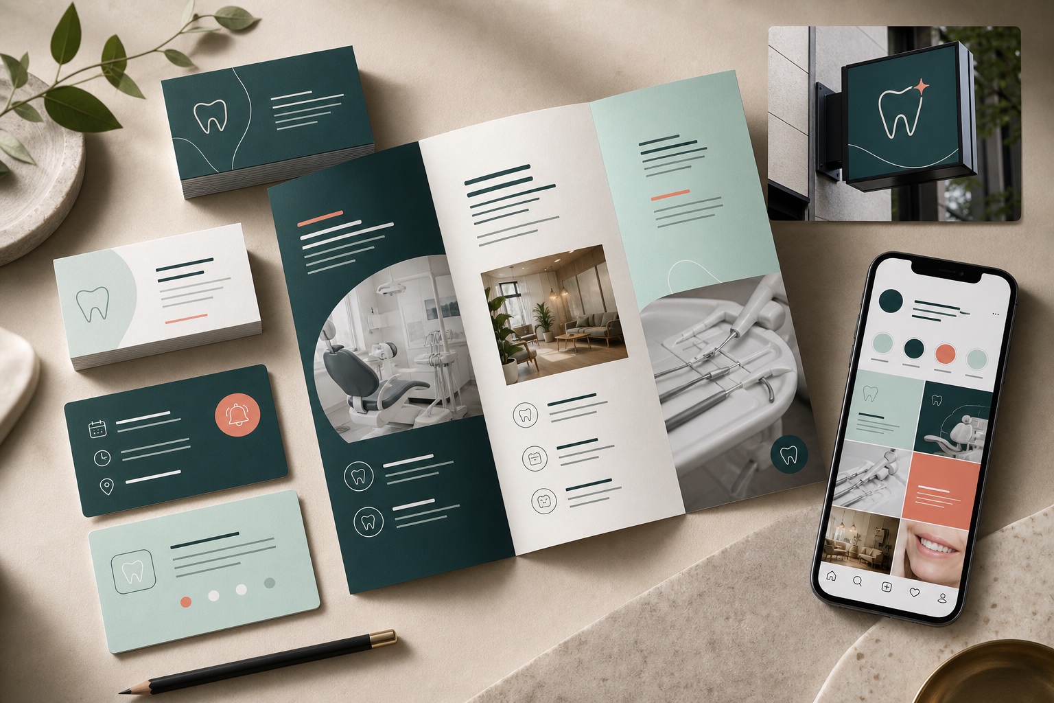 Dental studio brand launch campaign mockups with print and social assets