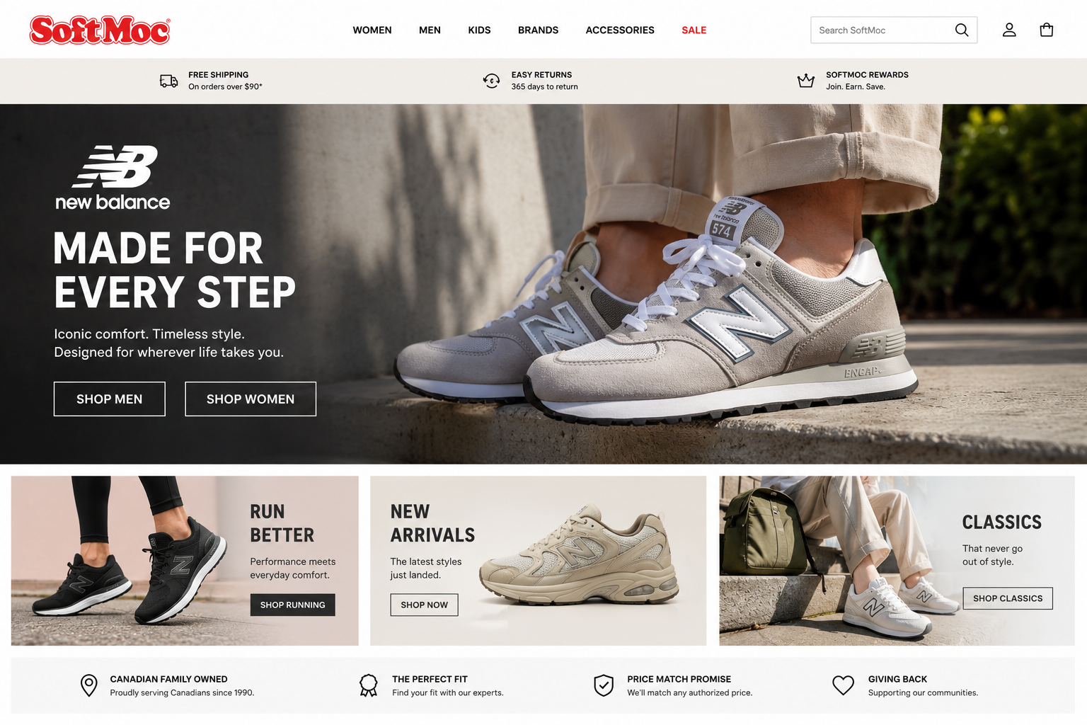 SoftMoc homepage hero banner concept for New Balance shoes