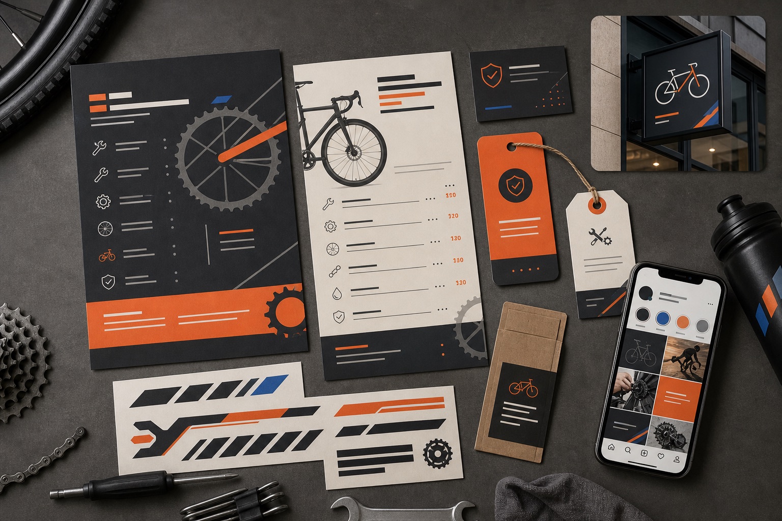 Bicycle shop service collateral and retail brand mockups